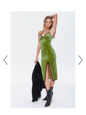 Forever 21 green knit velvet dress black lace trim body con dress with slit